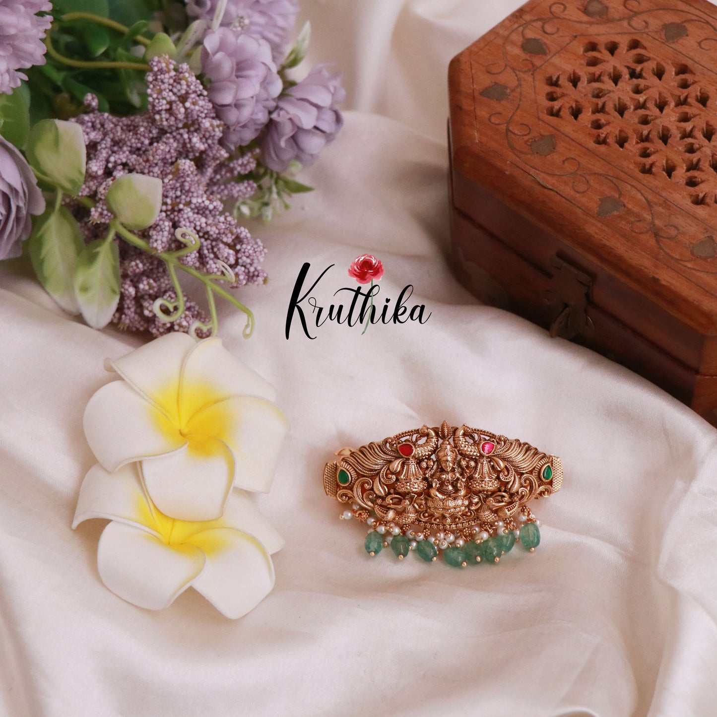 Beautiful Antique Jadau Lakshmi Devi Hair Clip with Pastel Green Beads J174