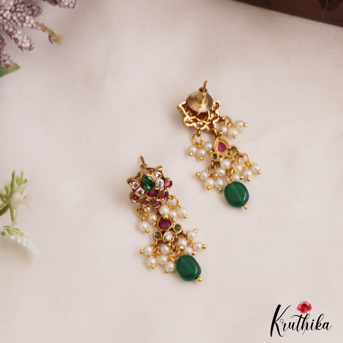 Pretty Lotus Motifs Kemp Earrings With Pearl Bead Drops E1126
