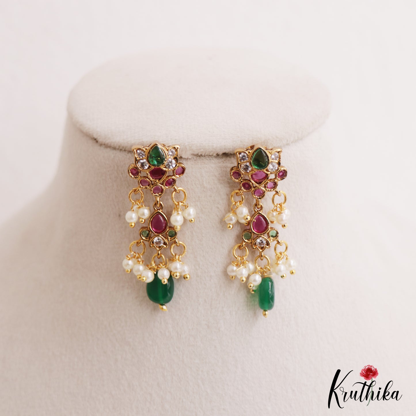 Pretty Lotus Motifs Kemp Earrings With Pearl Bead Drops E1126