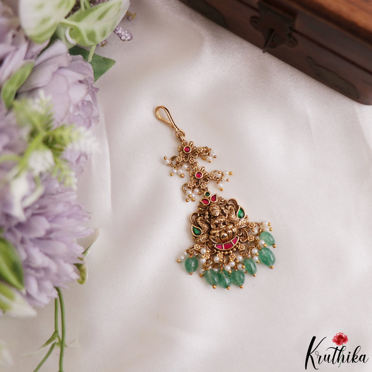 Trendy Antique Lakshmi Peacock Motifs Jadau Maang Tikka With Pearl Bead Drops MT400 (Available In 4 Colors)