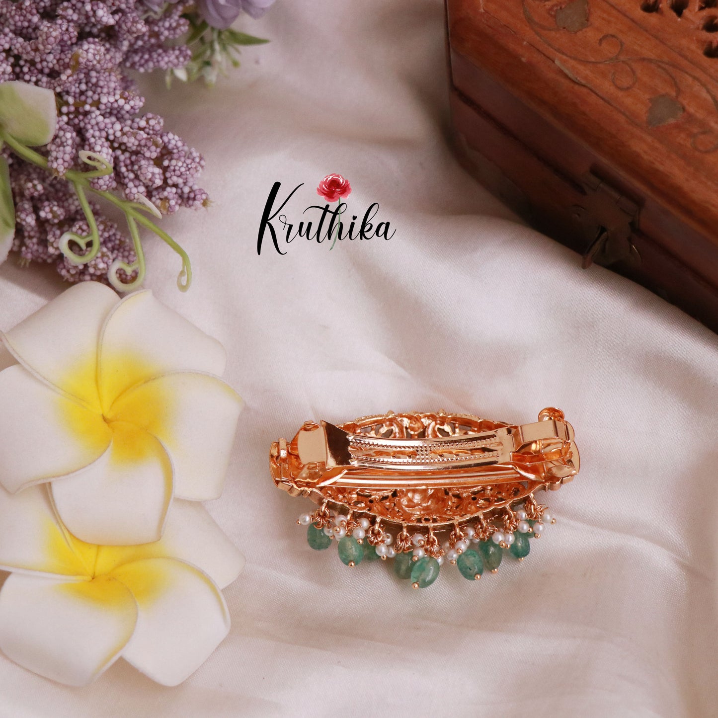 Beautiful Antique Jadau Lakshmi Devi Hair Clip with Pastel Green Beads J174