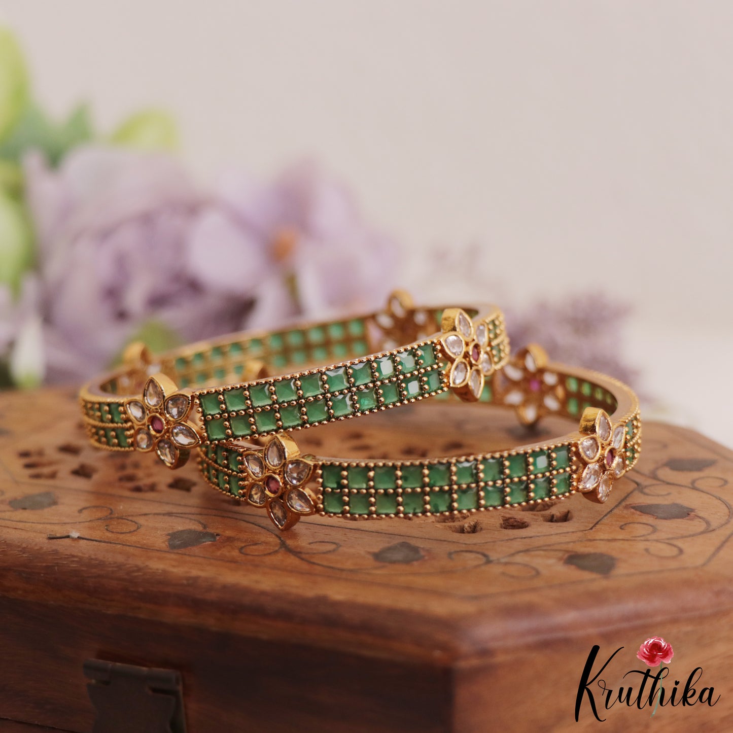 Trendy AD Floral Bangles B408 Set Of 2 (Available In 2 Colors)