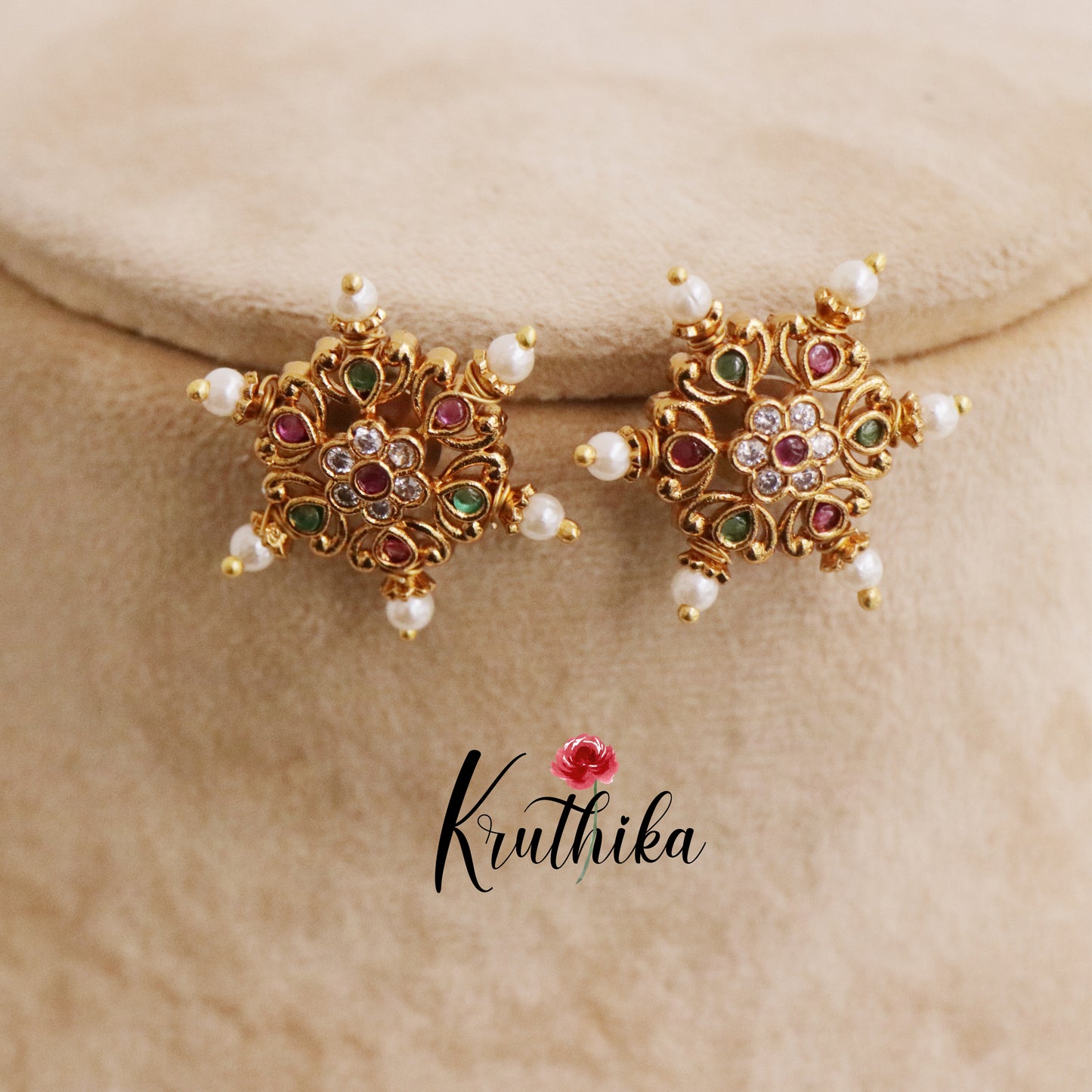 Elegant Antique Floral Chakra Pearl Earstuds E692 (Available in 3 Colors)