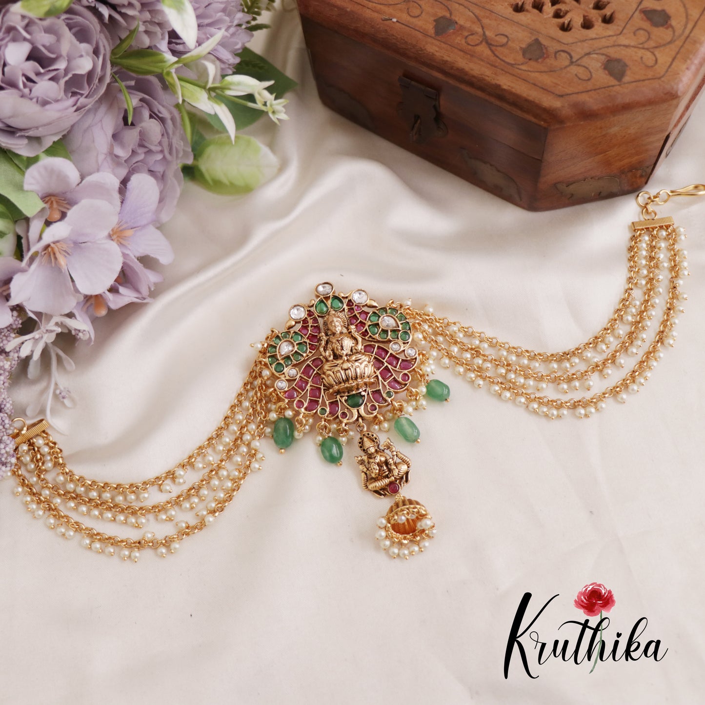 Premium Antique Lakshmi Jhumka Jadau Jada Billa With Multi Layered Pearl Drop Chains J294