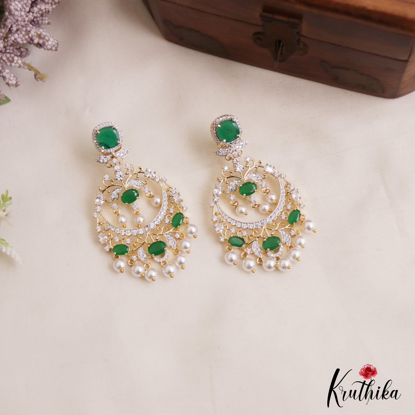 Stunning Floral Motifs AD Victorian Chandbali Earrings With Pearl Drops E1119 (Available In 2 Colors)