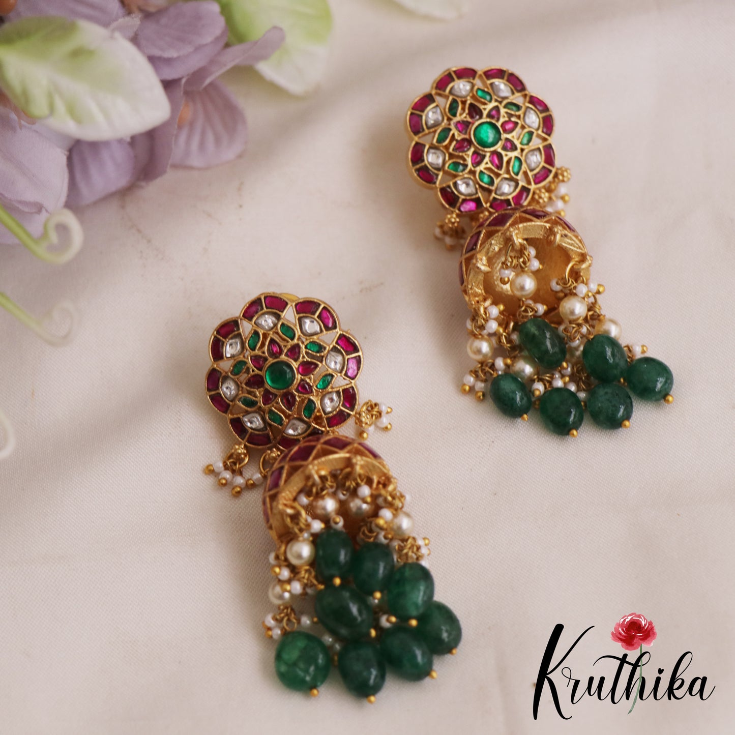 Premium Floral Motifs Jadau Jhumka With Green Bead Drops E1061