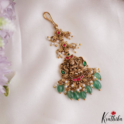 Trendy Antique Lakshmi Peacock Motifs Jadau Maang Tikka With Pearl Bead Drops MT400 (Available In 4 Colors)