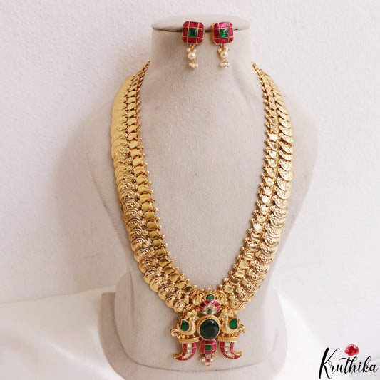 Premium Antique Lakshmi Kasu Jadau Haaram With Peacock Puligoru Pendant LH2188 (Available In 3 Colors)