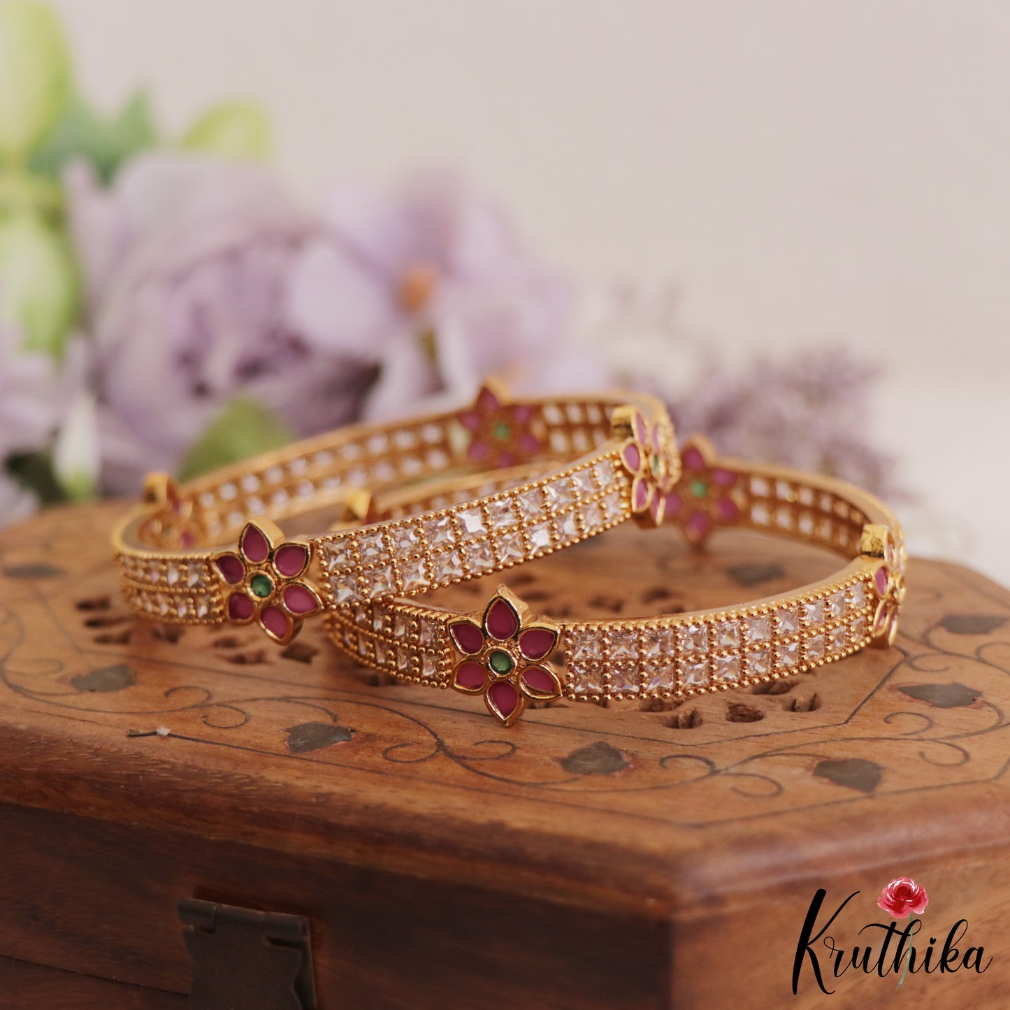 Trendy AD Floral Bangles B408 Set Of 2 (Available In 2 Colors)