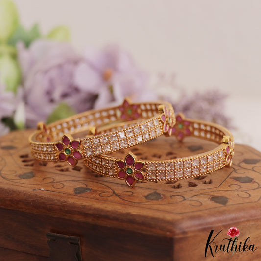 Trendy AD Floral Bangles B408 Set Of 2 (Available In 2 Colors)