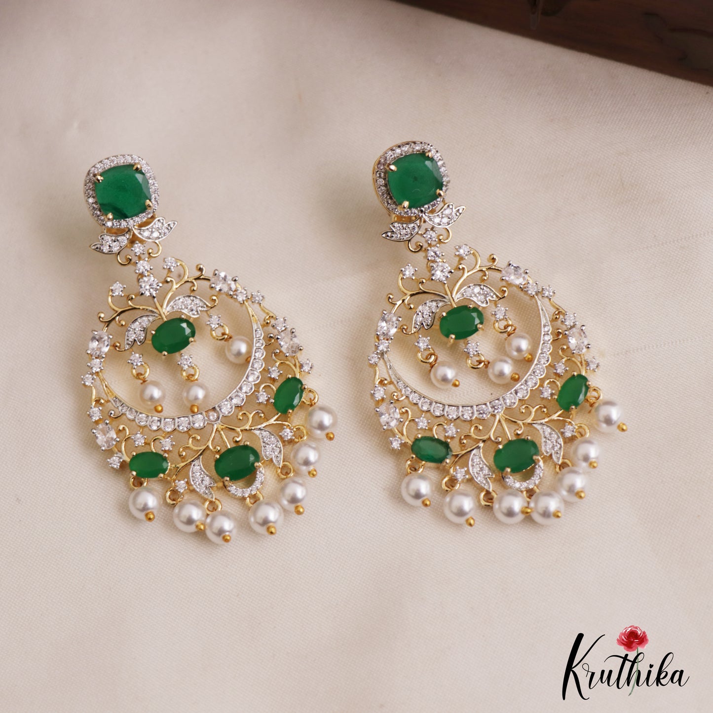 Stunning Floral Motifs AD Victorian Chandbali Earrings With Pearl Drops E1119 (Available In 2 Colors)