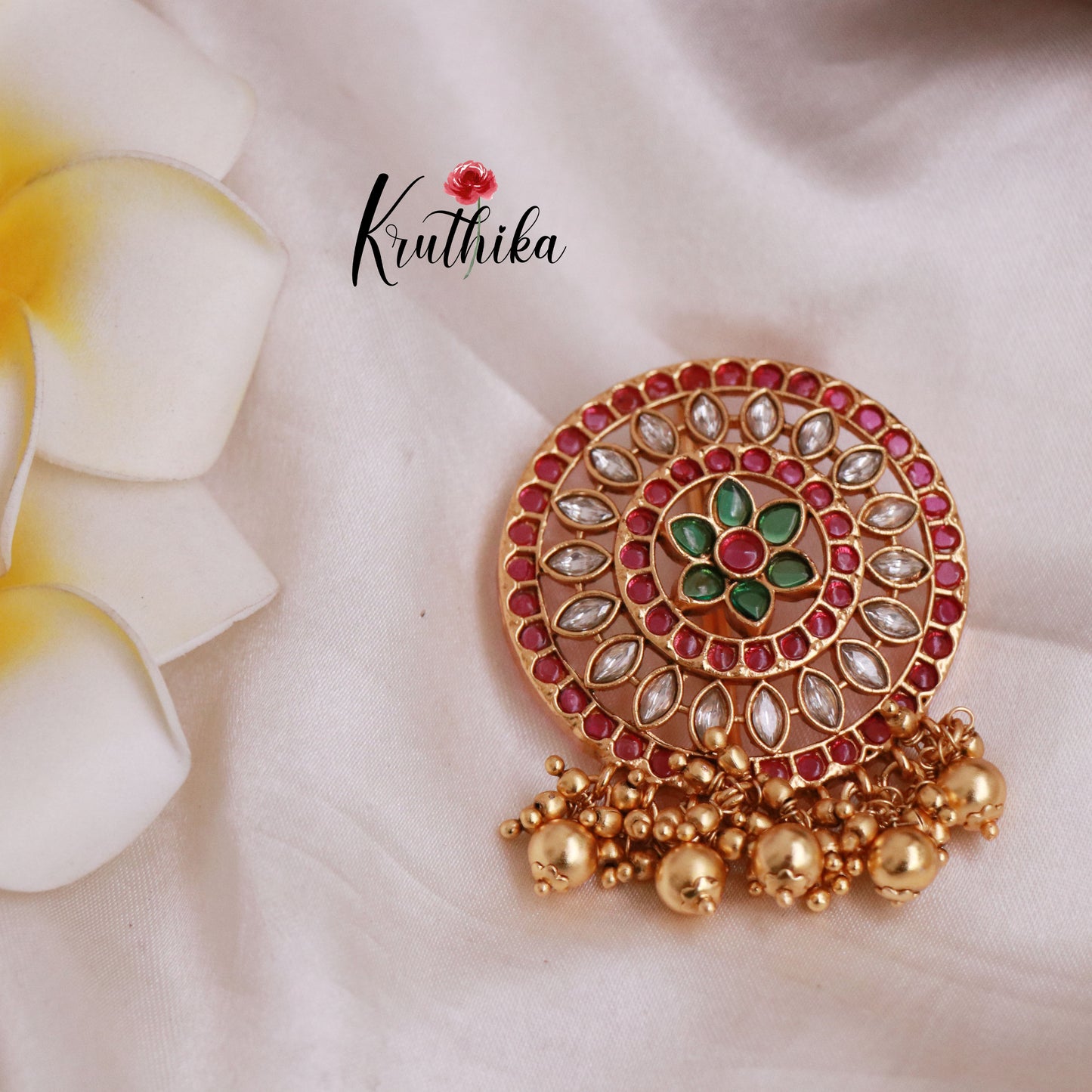 Beautiful Floral Multi Stone Jada Billa with Golden Beads J179