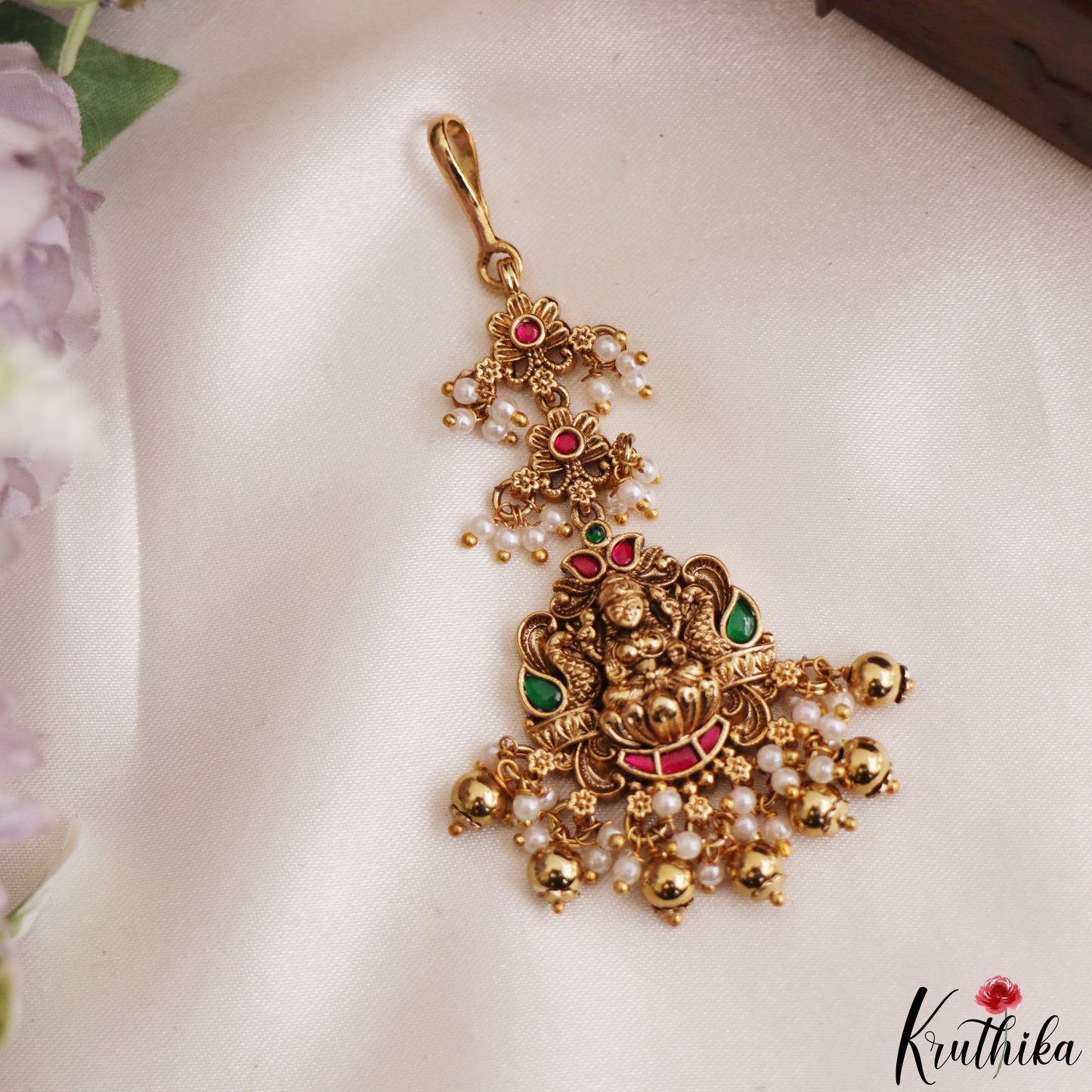 Trendy Antique Lakshmi Peacock Motifs Jadau Maang Tikka With Pearl Bead Drops MT400 (Available In 4 Colors)