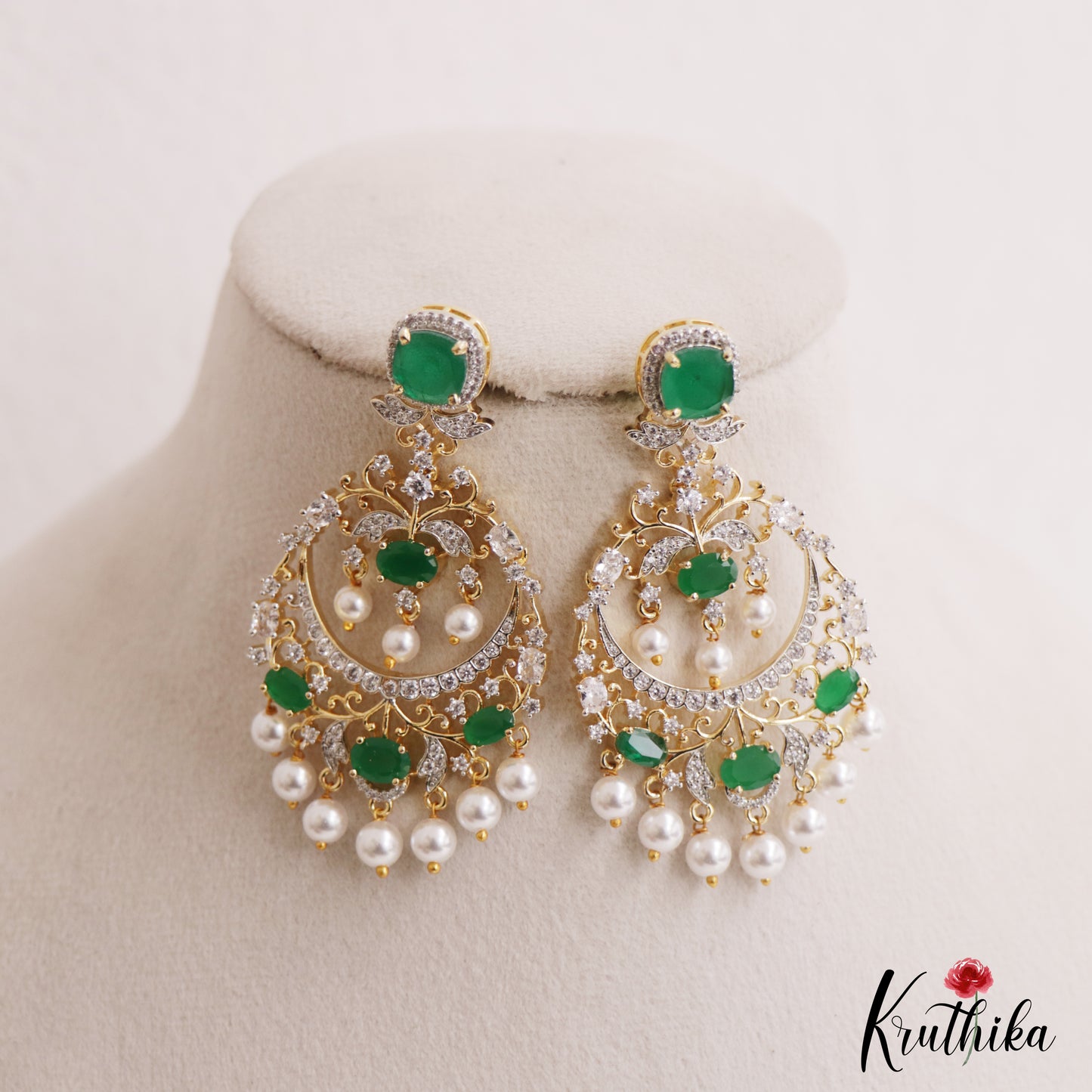 Stunning Floral Motifs AD Victorian Chandbali Earrings With Pearl Drops E1119 (Available In 2 Colors)