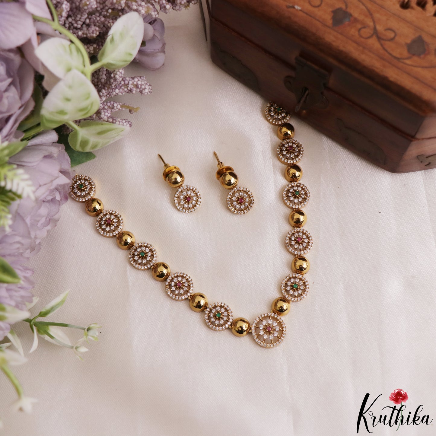 Pretty Floral Motifs Gold-Tone CZ Choker NC3225