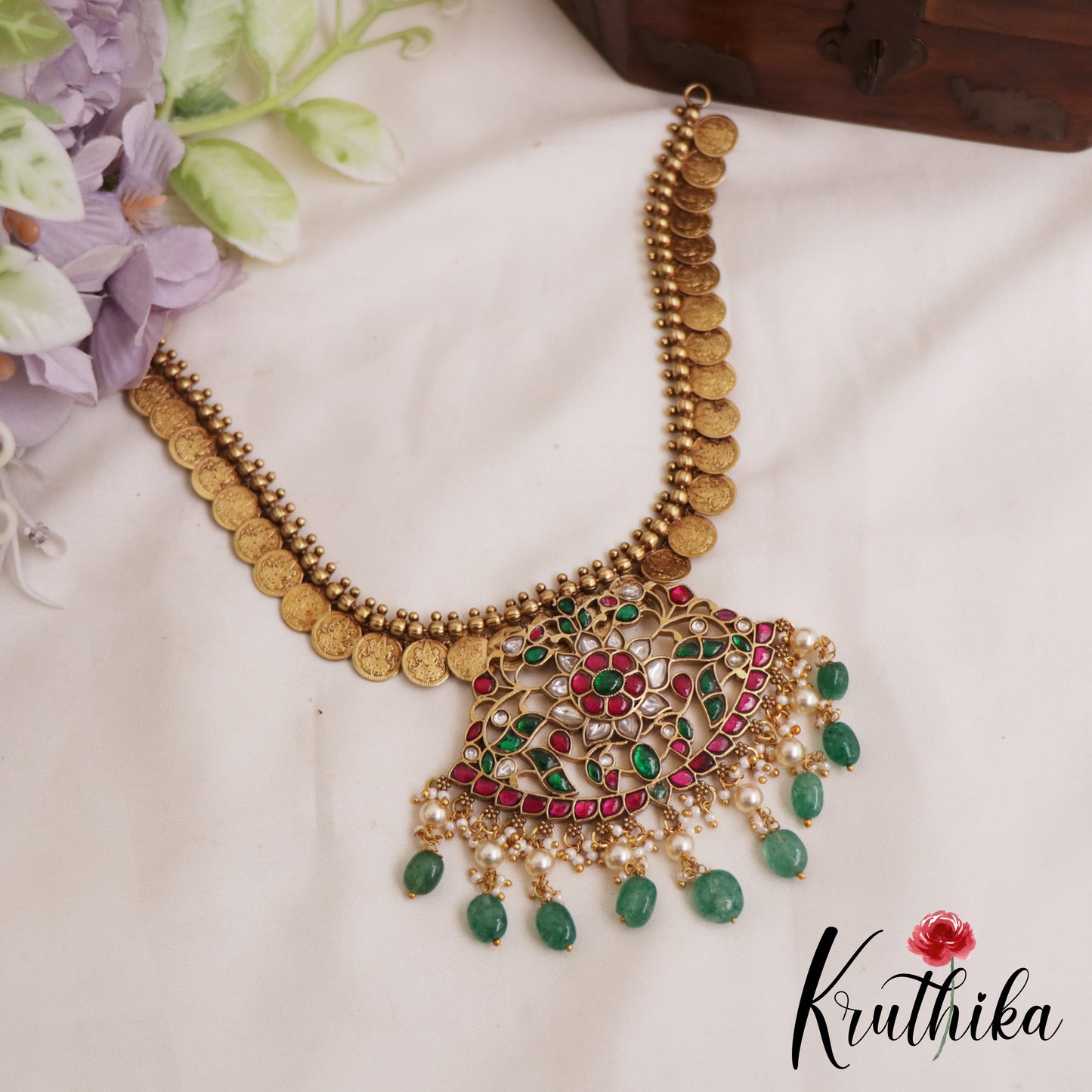 Premium Floral Motifs Antique Lakshmi Kasu Jadau Necklace With Green Bead Drops NC2881