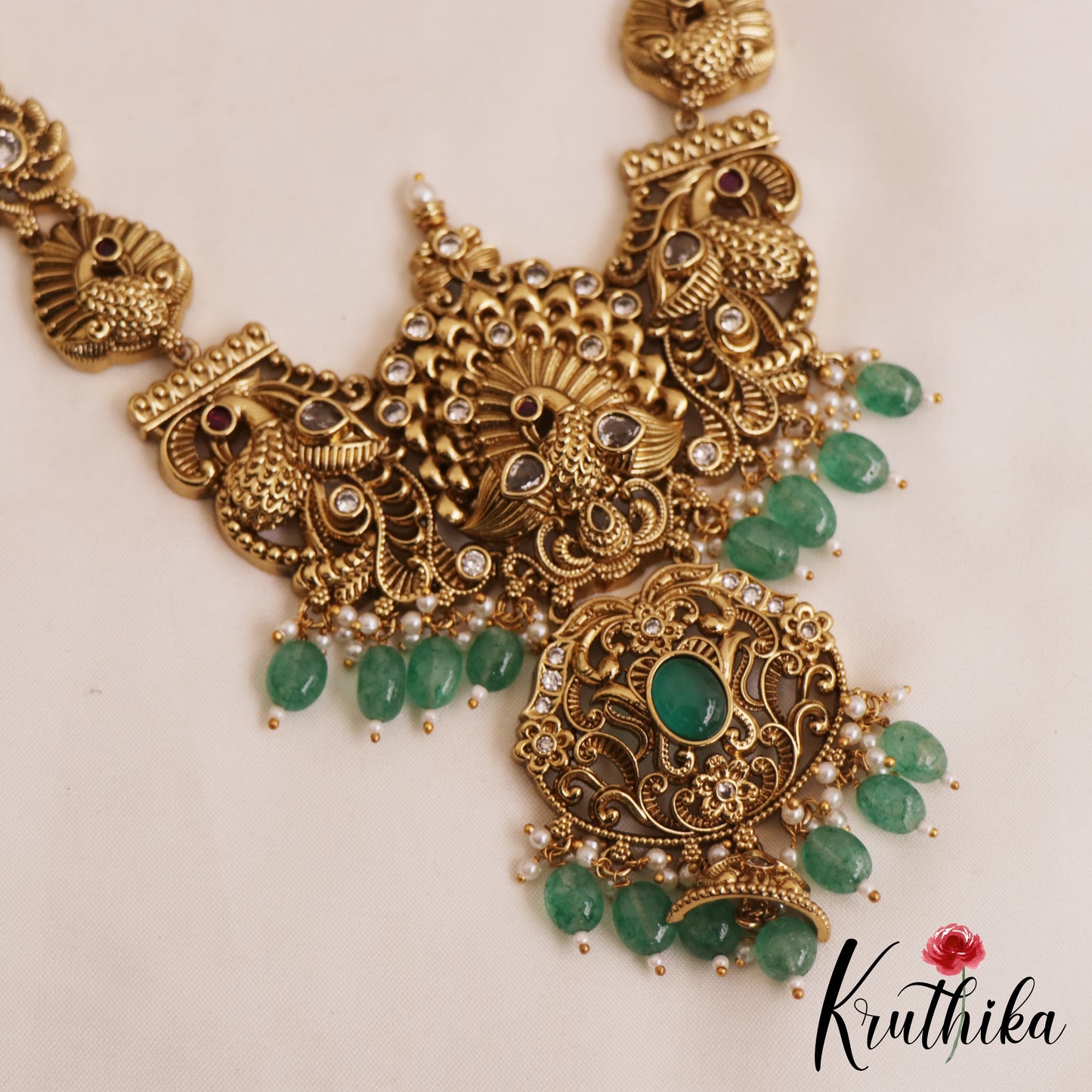 Premium Antique Nagas Peacock Motifs Haaram With Bead Drops LH2074 (Available In 3 Colors)
