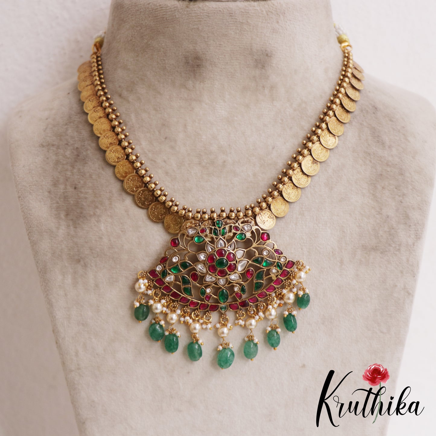 Premium Floral Motifs Antique Lakshmi Kasu Jadau Necklace With Green Bead Drops NC2881