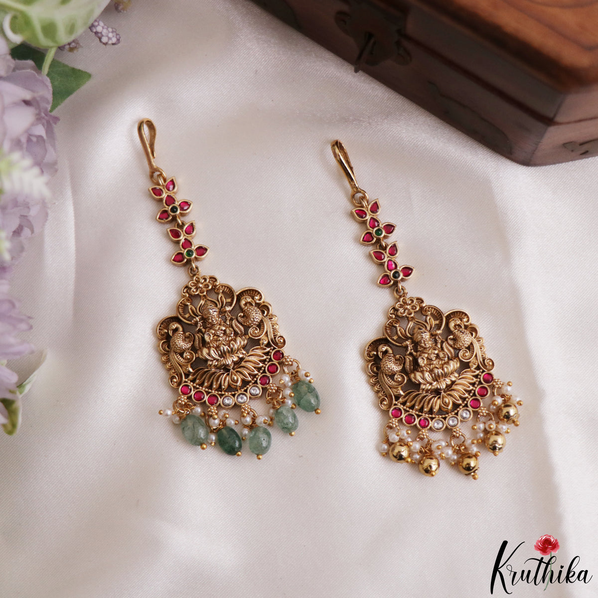 Pretty Antique Lakshmi Peacock Motifs Jadau Maang Tikka With Pearl Bead Drops MT401 (Available In 2 Colors)