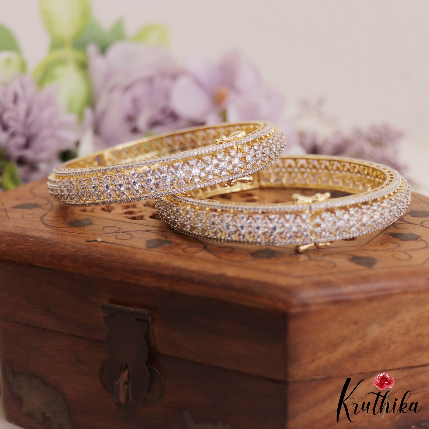 Stunning Diamond-Finish Gold-Tone Bangles Openable B405 (Set Of 2 Bangles)