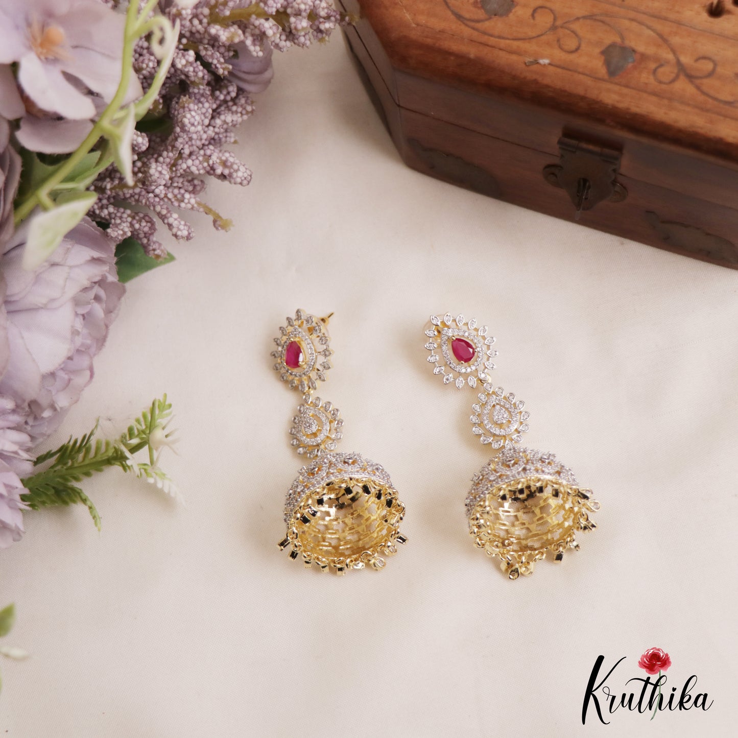 Gorgeous Teardrop Motifs CZ Victorian Jhumkas E1122 (Available In 3 Colors)