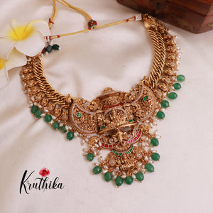 Royal Grand Nagas Jadau Temple necklace with Green Beads NC1874