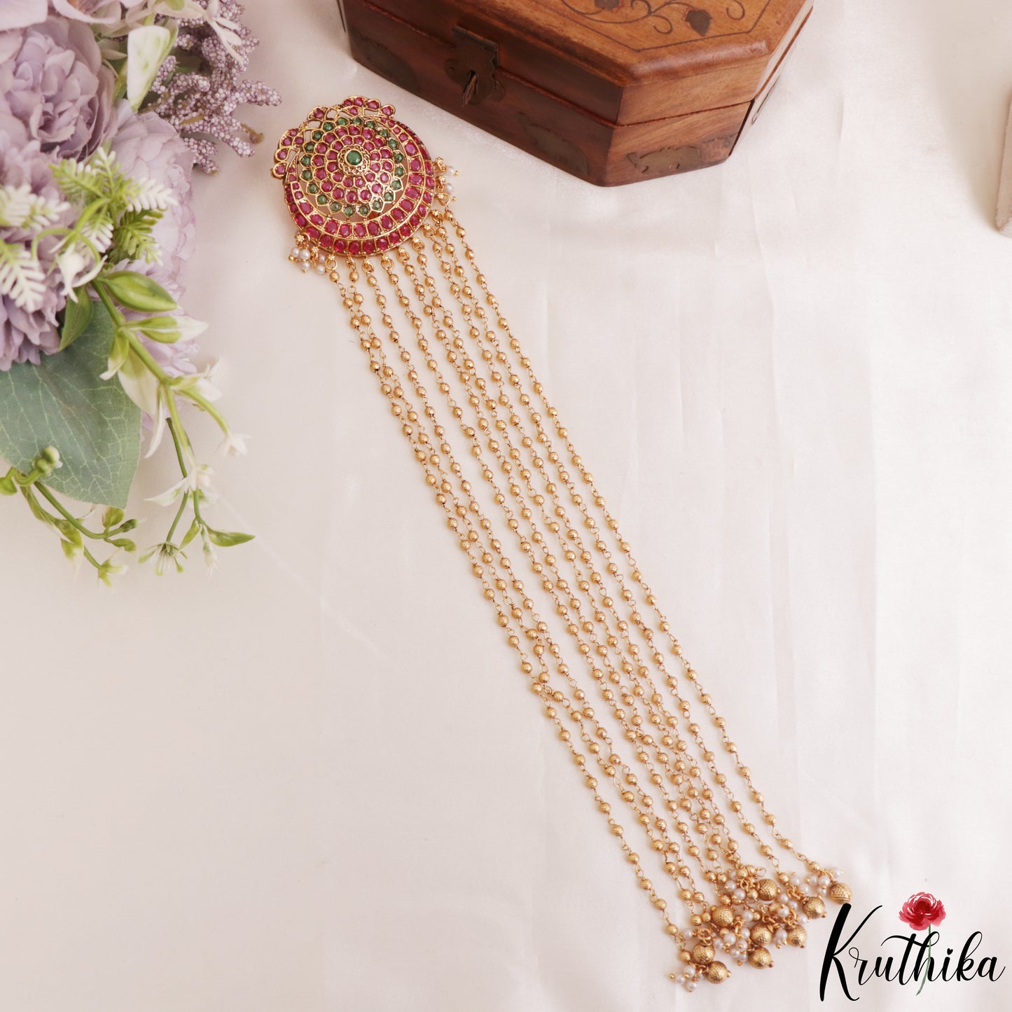 Classic Floral Motifs Multi Bead Strand Kemp Jada Billa With Golden Bead Drops J417