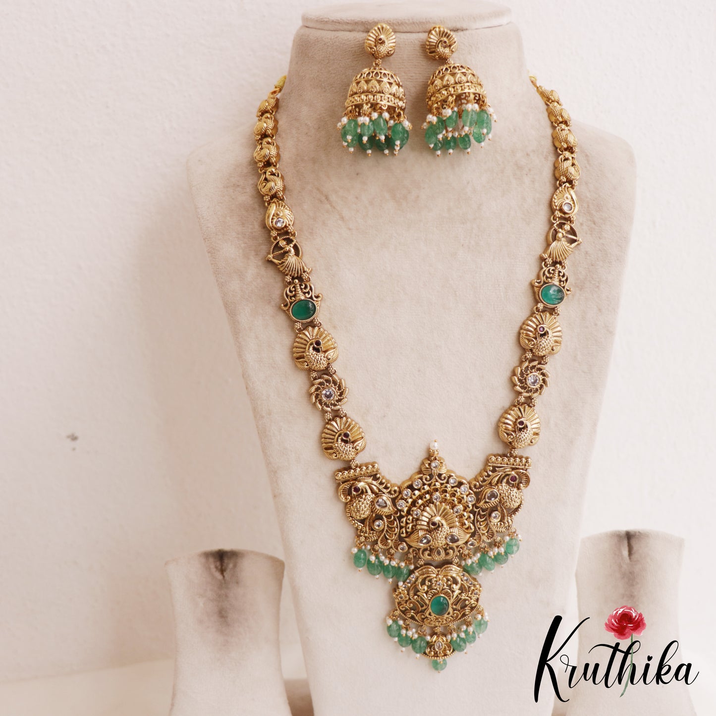 Premium Antique Nagas Peacock Motifs Haaram With Bead Drops LH2074 (Available In 3 Colors)