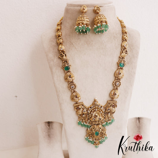 Premium Antique Nagas Peacock Motifs Haaram With Bead Drops LH2074 (Available In 3 Colors)