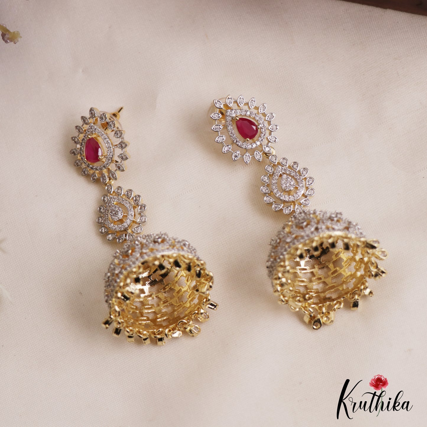 Gorgeous Teardrop Motifs CZ Victorian Jhumkas E1122 (Available In 3 Colors)