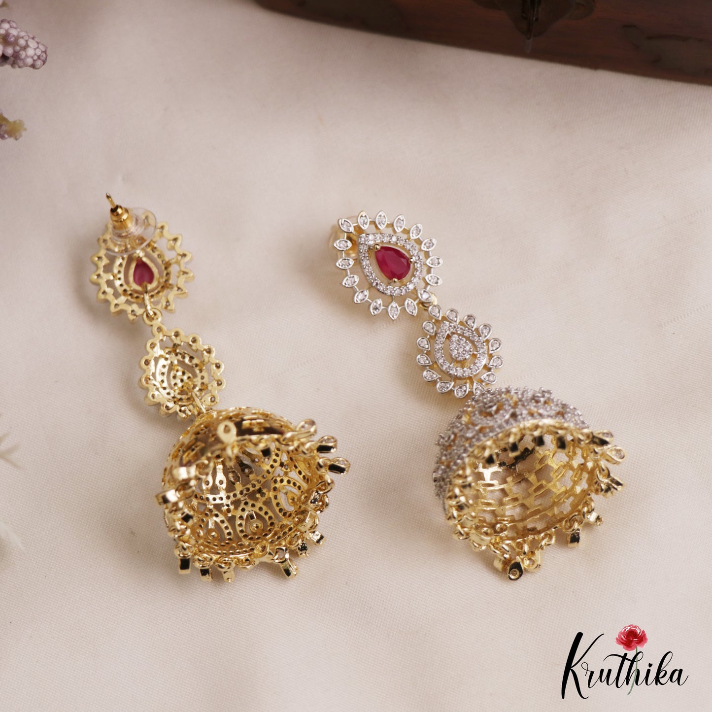 Gorgeous Teardrop Motifs CZ Victorian Jhumkas E1122 (Available In 3 Colors)