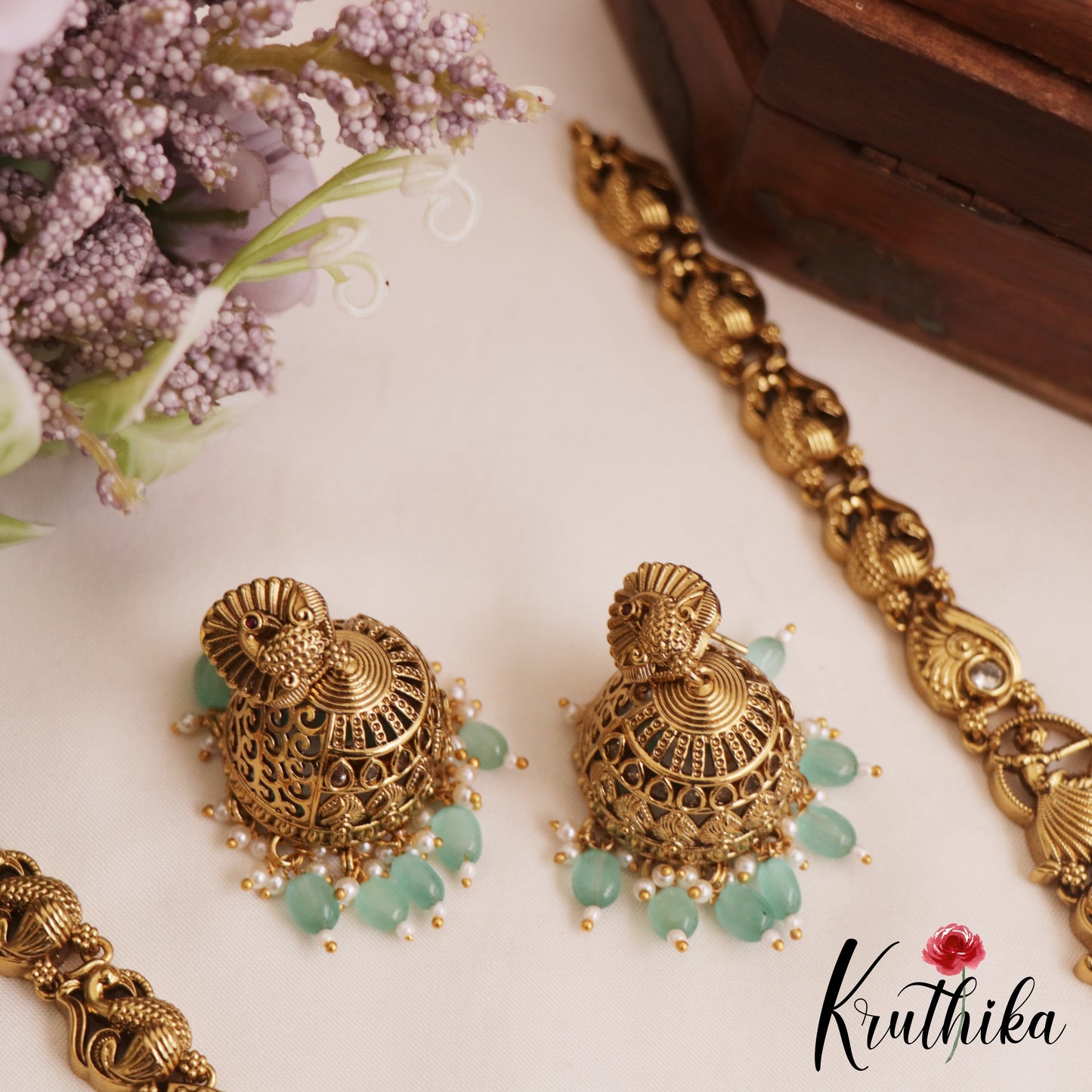 Premium Antique Nagas Peacock Motifs Haaram With Bead Drops LH2074 (Available In 3 Colors)