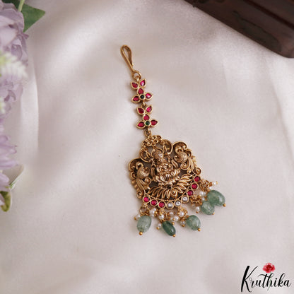 Pretty Antique Lakshmi Peacock Motifs Jadau Maang Tikka With Pearl Bead Drops MT401 (Available In 2 Colors)