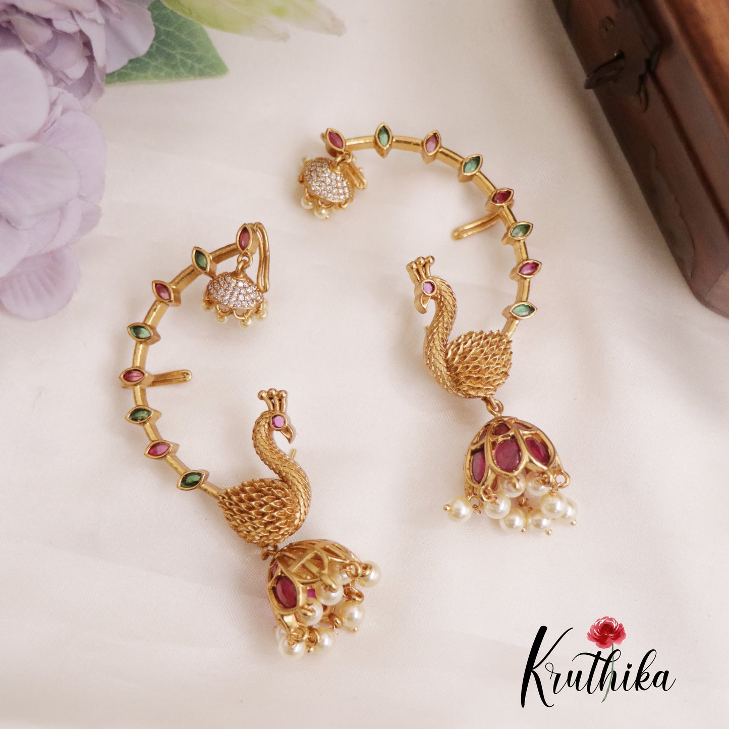 Trendy Peacock AD Earcuff with Jhumkas Beads Drops E658 (Available in 4 Colors)