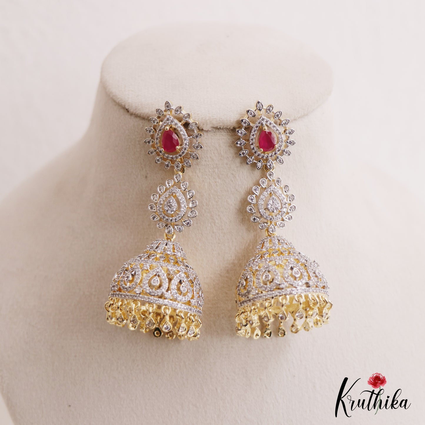 Gorgeous Teardrop Motifs CZ Victorian Jhumkas E1122 (Available In 3 Colors)