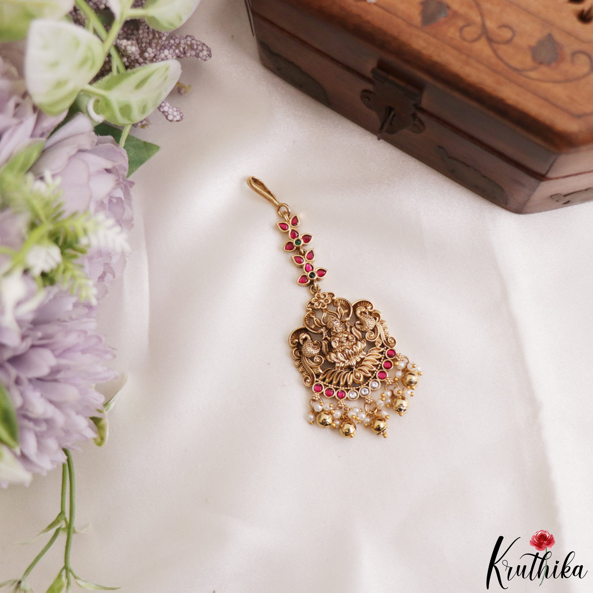 Pretty Antique Lakshmi Peacock Motifs Jadau Maang Tikka With Pearl Bead Drops MT401 (Available In 2 Colors)