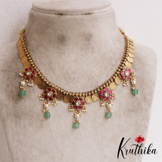 Beautiful Floral Motifs Antique Lakshmi Kasu Jadau Necklace With Green Bead Drops NC2882