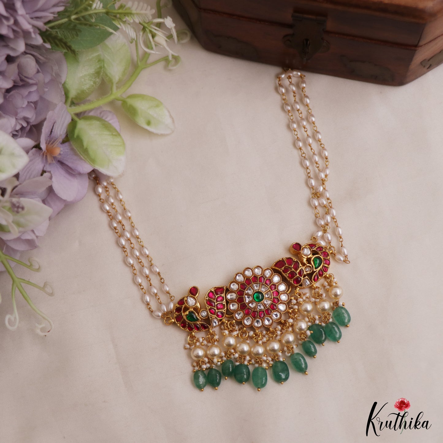 Gorgeous Floral Peacock Motifs Jadau Choker With Triple Pearl Strand Chain NC3031