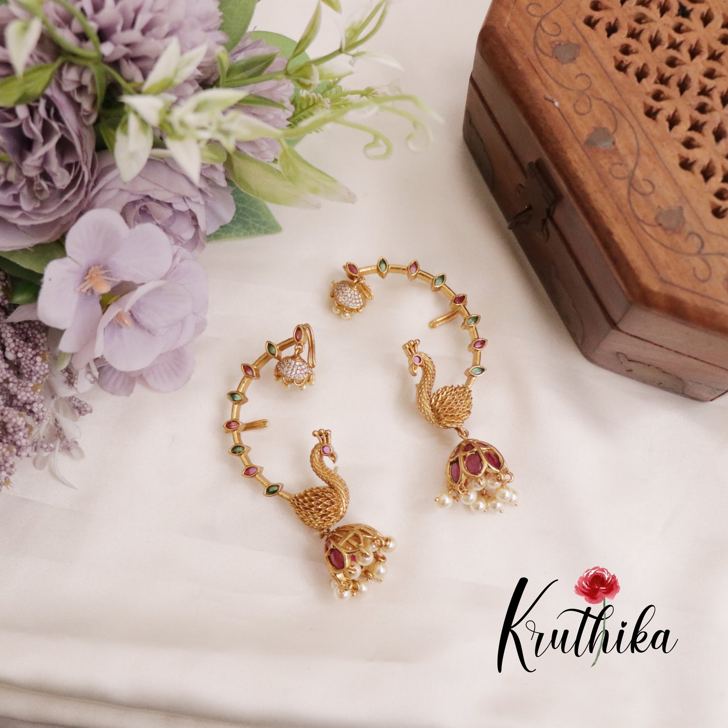 Trendy Peacock AD Earcuff with Jhumkas Beads Drops E658 (Available in 4 Colors)