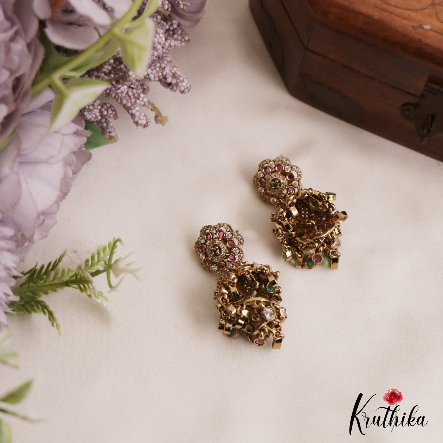 Gorgeous Floral Motifs Gold-Tone AD Jhumkas E1127