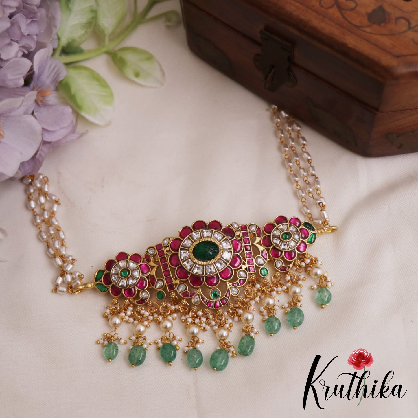 Gorgeous Floral Motifs Jadau Chocker With Triple Pearl Strand Chain NC2868