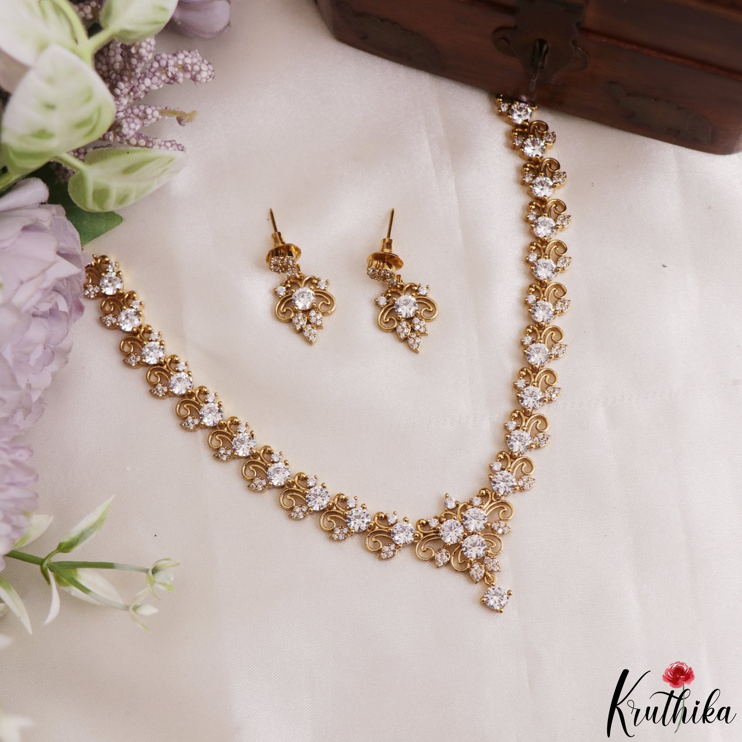 Elegant Floral Motifs Gold-Tone CZ Necklace NC3224 (Available In 3 Colors)