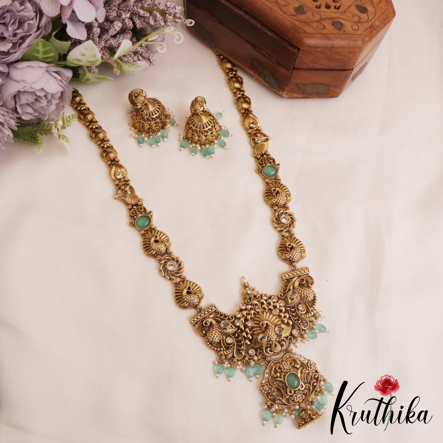 Premium Antique Nagas Peacock Motifs Haaram With Bead Drops LH2074 (Available In 3 Colors)