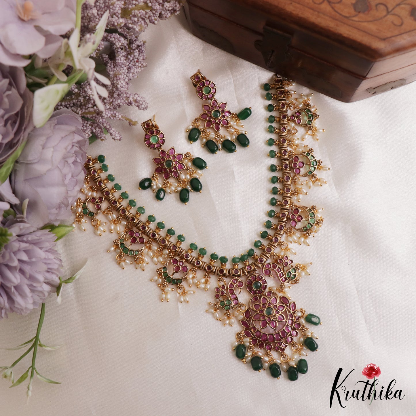 Premium Floral Peacock Motifs Jadau Necklace With Green Bead Drops NC3132 (Available In 2 Colors)