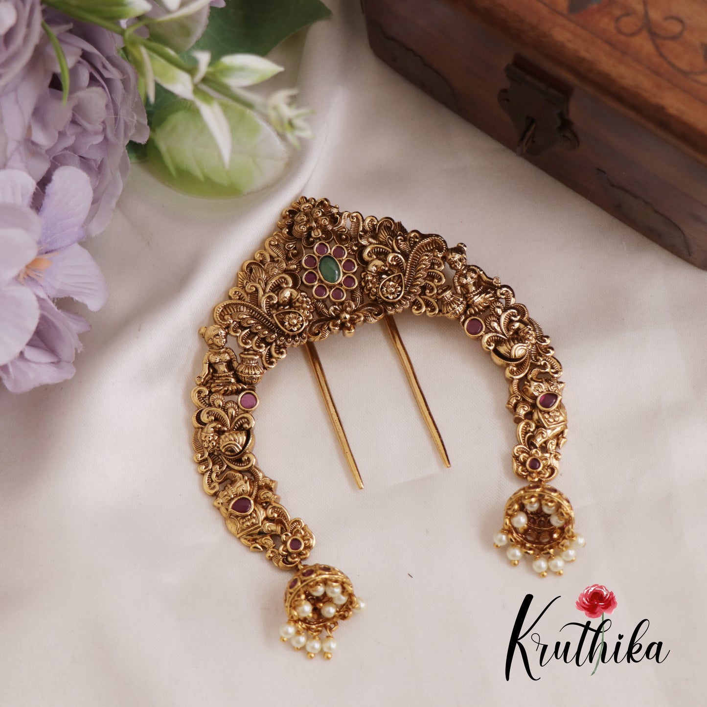 Gorgeous Antique Nagas Floral Peacock Motifs Kemp Jada Billa With Jhumka Pearl Drops J298