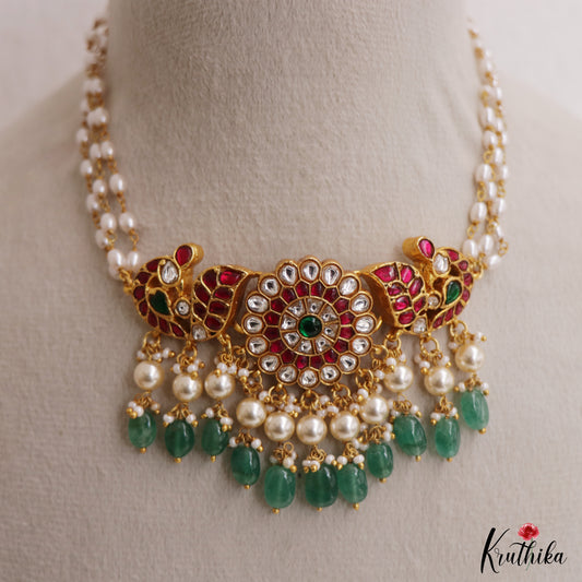 Gorgeous Floral Peacock Motifs Jadau Choker With Triple Pearl Strand Chain NC3031