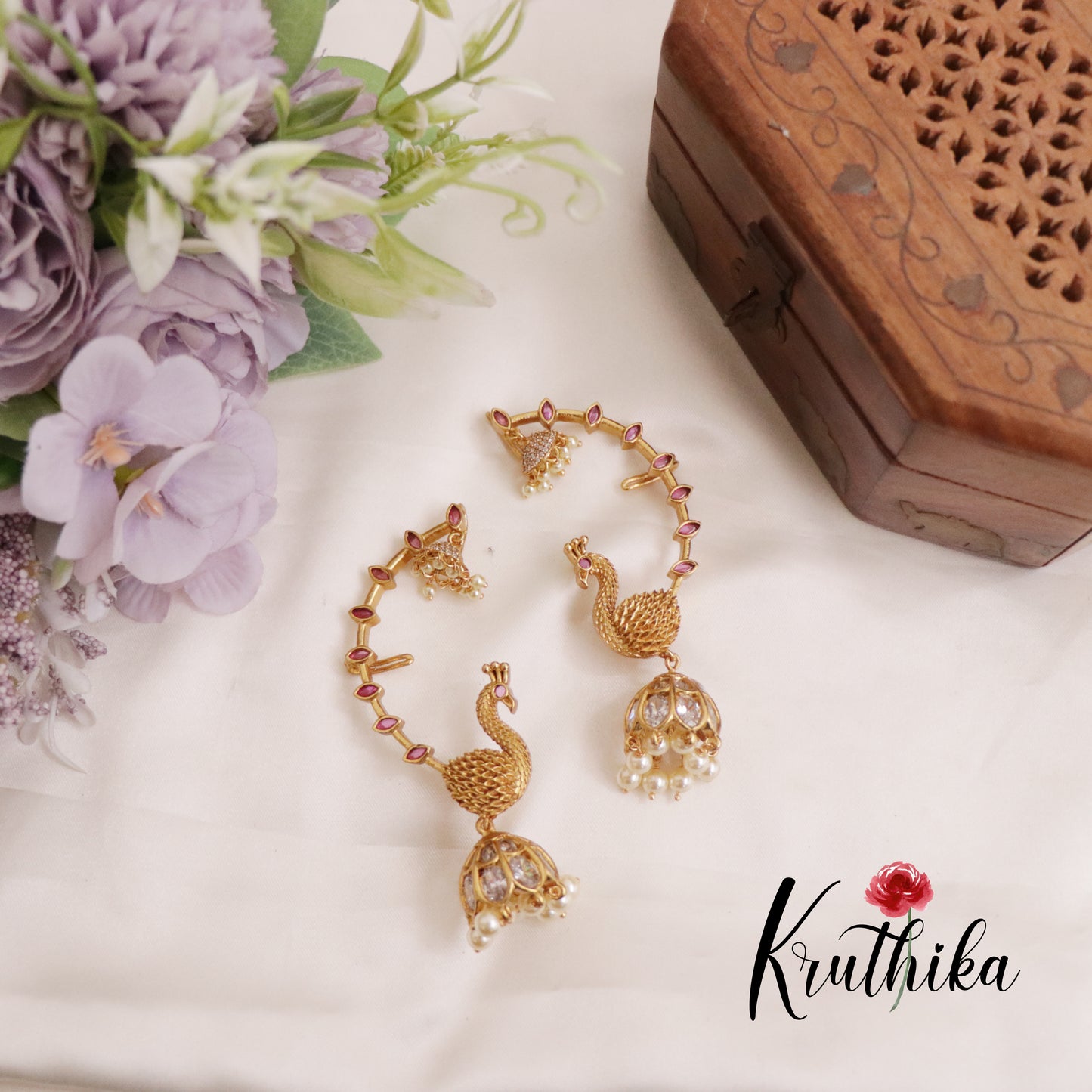 Trendy Peacock AD Earcuff with Jhumkas Beads Drops E658 (Available in 4 Colors)