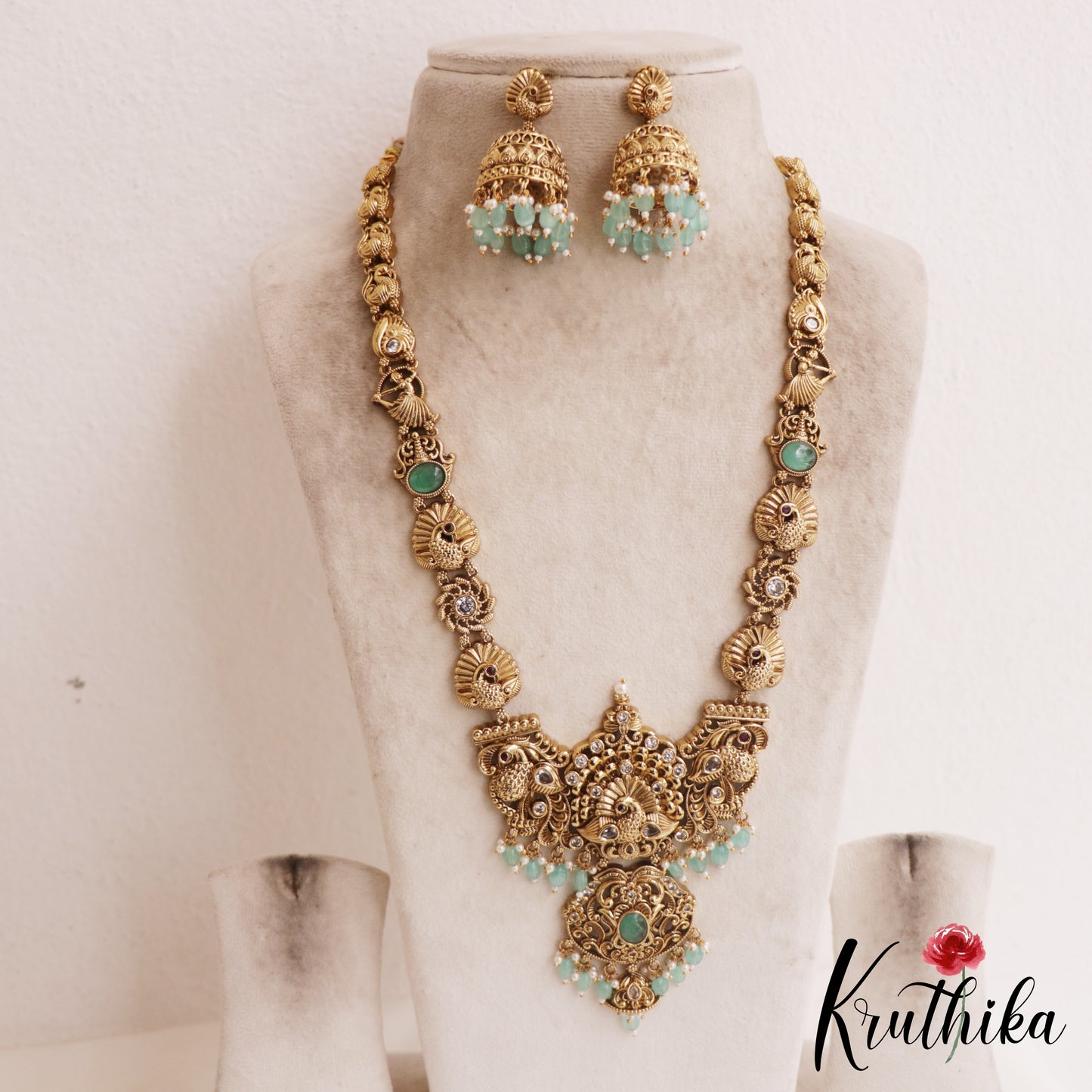 Premium Antique Nagas Peacock Motifs Haaram With Bead Drops LH2074 (Available In 3 Colors)