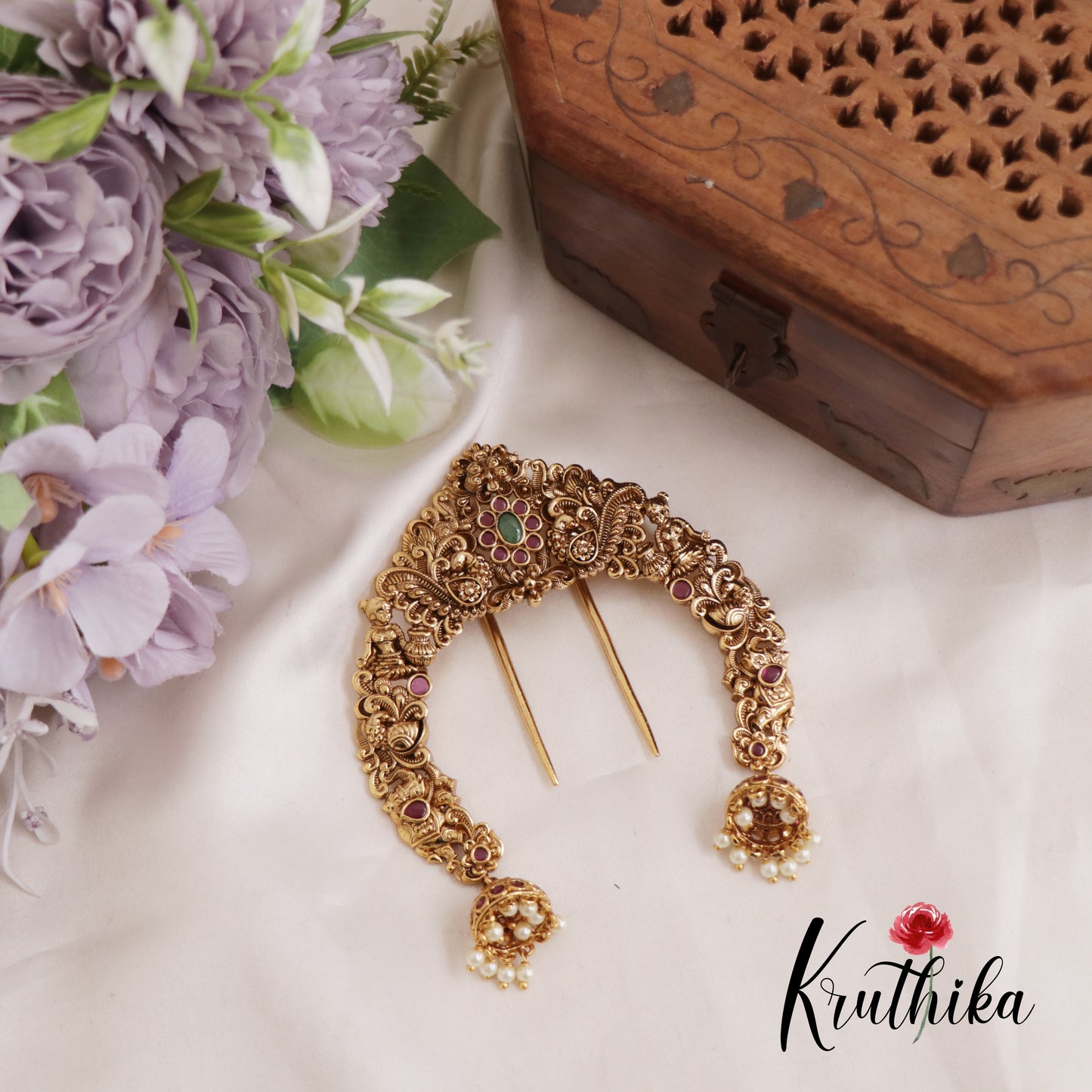 Gorgeous Antique Nagas Floral Peacock Motifs Kemp Jada Billa With Jhumka Pearl Drops J298