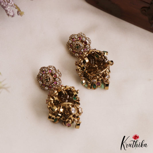 Gorgeous Floral Motifs Gold-Tone AD Jhumkas E1127